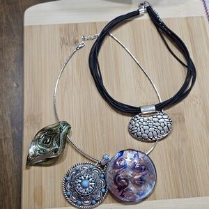Artisan Blown Glass and Silvertone Pendants with 925 Silver Chain Bundle Set